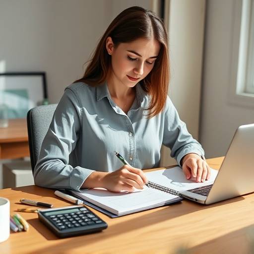 A woman sitting at a desk, planning her budget with a notebook and calculator.