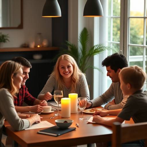 Family financial planning session around a table, discussing budget and savings